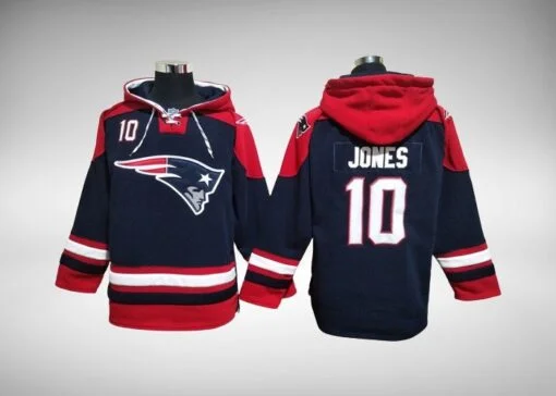 Patriots Mac Jones Hockey Styled Lace-Up Pullover Hoodie